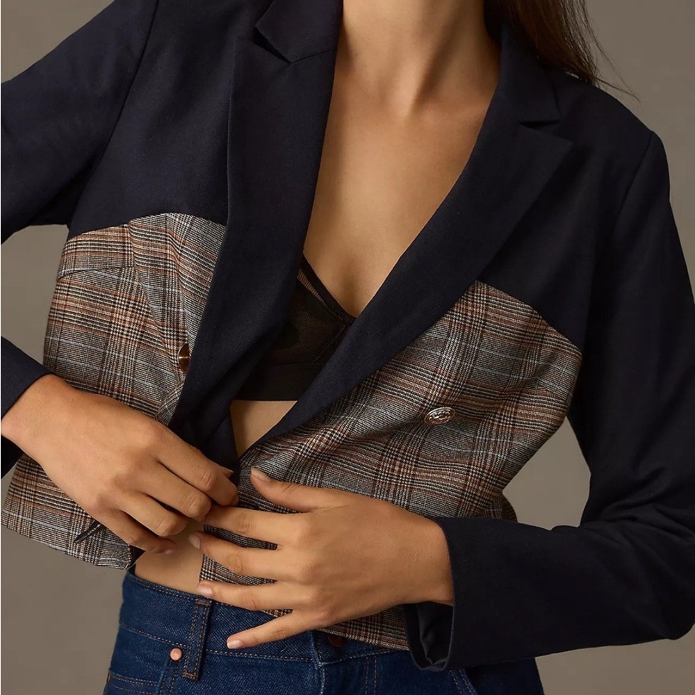 Jason Wu Navy Linen & Plaid Mixed Media Double Breasted Cropped Blazer M - Picture 2 of 8